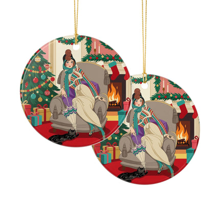 🖤🔥 The Lady Of The Christmas Hearth Ceramic Ornament – Art Deco Holiday Elegance
