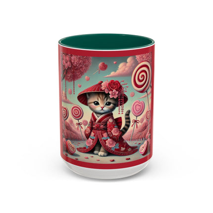 Whimsical Geisha Kitten in a Valentine Garden Colorful Mugs (11oz, 15oz)