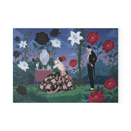🌹🪞 The Lady Of The Midnight Garden Vanity Glass Cutting Board – Art Deco Floral Romance