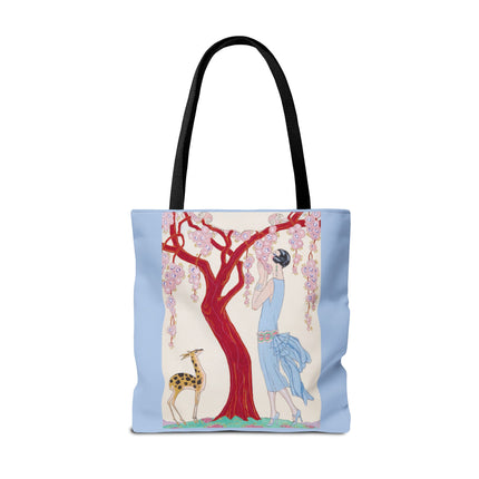 Woman, Fawn, and Red Tree by George Barbier Tote Bag (AOP)