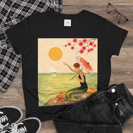 🧜‍♀️🌸 The Mermaid Beneath The Blossoms Cotton Tee – Art Deco Seaside Fantasy