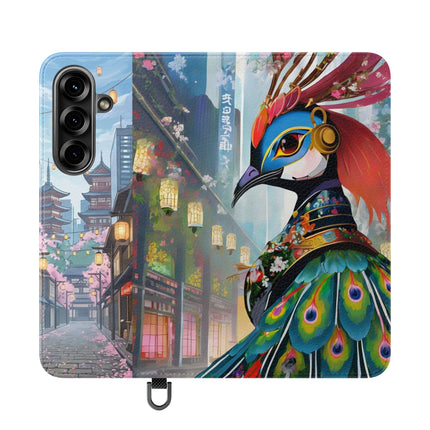 🦚🌸 Techno Plumes Peacock Flip Case – Neon Elegance & Sakura Dreams