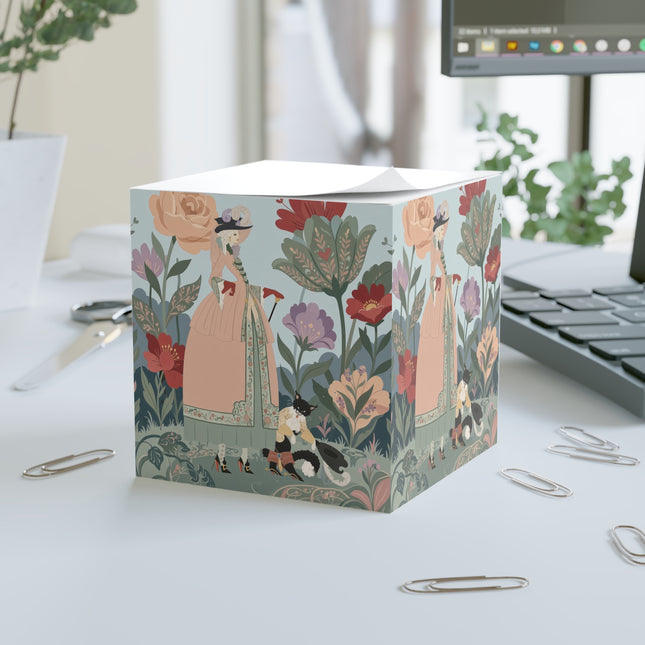 🌹🐈 The Lady And Puss In Boots Note Cube – Art Deco Floral Whimsy