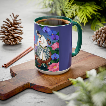 The Lady And The Garden Dragon Colorful Mugs – Art Deco Mythical Botanical Elegance