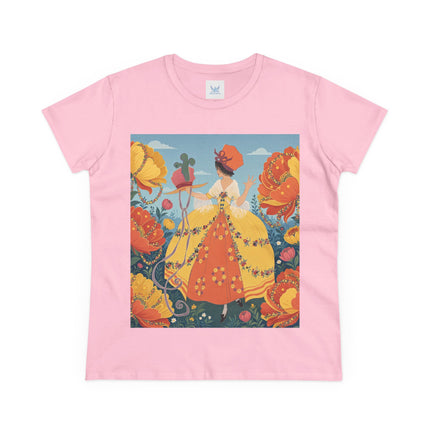 🧡🌼 The Golden Flower Promenade Cotton Tee – Art Deco Floral Elegance