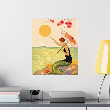 🧜‍♀️🌸 The Lady Of The Seaside Parasol Matte Vertical Poster – Art Deco Mermaid Fantasy
