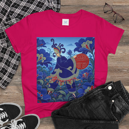 💙🌺 The Imperial Blue Garden Cotton Tee – Art Deco Oriental Elegance
