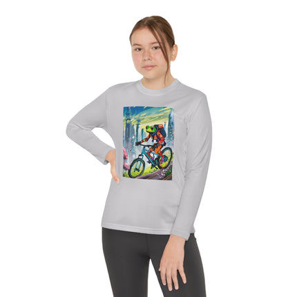 Cyberpunk Frog Youth Long Sleeve Competitor Tee – Neon Trails & Futuristic Adventure