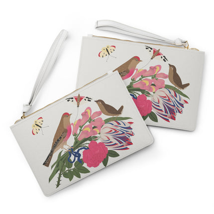 Pink-Breasted Bird & Wren Clutch Bag – Elegant Joy & Springtime Charm
