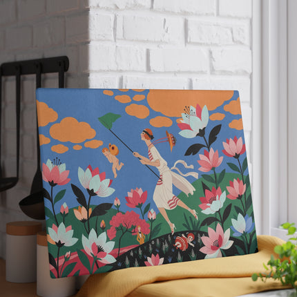 🌸🦋 The Butterfly Chase Garden Glass Cutting Board – Art Deco Whimsical Floral Elegance