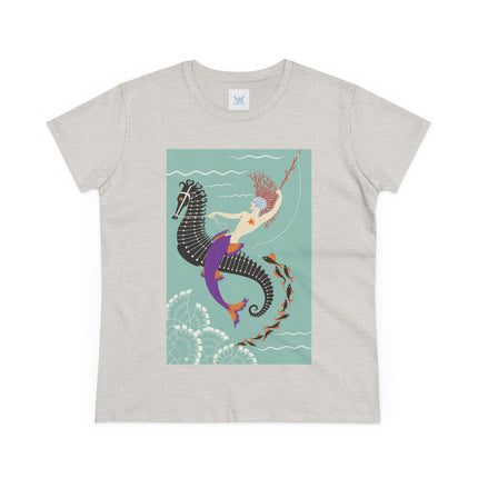 Mermaid on Seahorse Women's Midweight Cotton Tee – Dreamy Ocean Fantasy