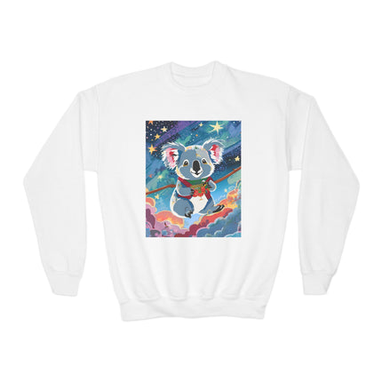 Cute Koala Youth Crewneck Sweatshirt – Dreamy Sky Adventure & Whimsical Wonder