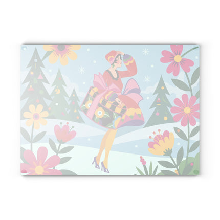 🌸❄️ The Lady Of The Colorful Winter Garden Glass Cutting Board – Art Deco Holiday Fantasy