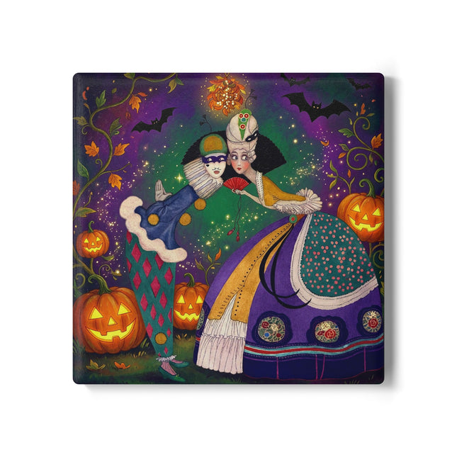 🎭🎃 The Masquerade Beneath The Pumpkin Lantern Ceramic Coaster – Theatrical Halloween Charm