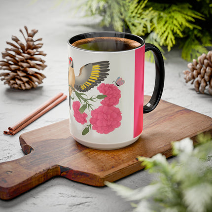 Goldfinch & Pink Flowers Colorful Mugs – Vibrant Spring & Bold Beauty