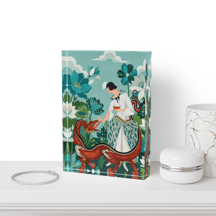 🐉🌿 The Lady Of The Enchanted Dragon Acrylic Art Block – Art Deco Botanical Whimsy