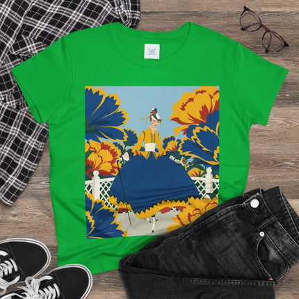 💙🌼 The Golden Petal Promenade Cotton Tee – Art Deco Floral Elegance