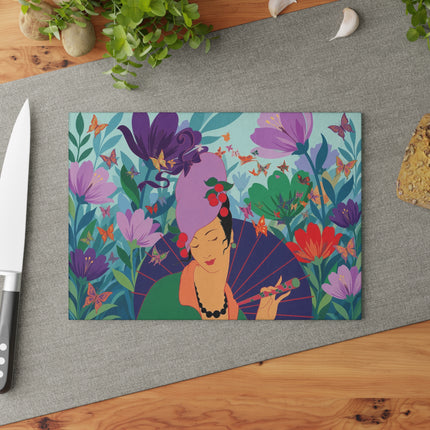 🦋🌺 The Butterfly Garden Dreamer Glass Cutting Board – Art Deco Floral Fantasy