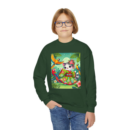 Parrot Dance of the Geisha Kitten Youth Crewneck Sweatshirt – Color, Rhythm & Joyful Expression