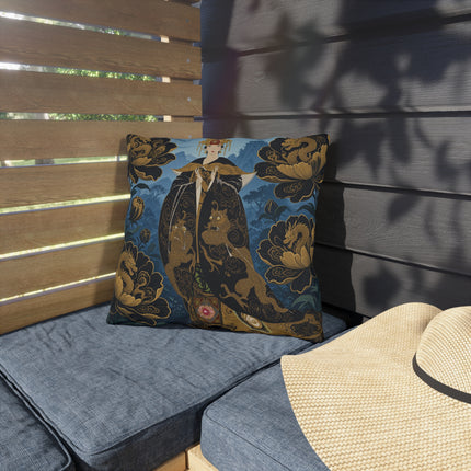 🐉🌺 The Golden Dragon Empress Outdoor Pillow – Art Deco Oriental Fantasy