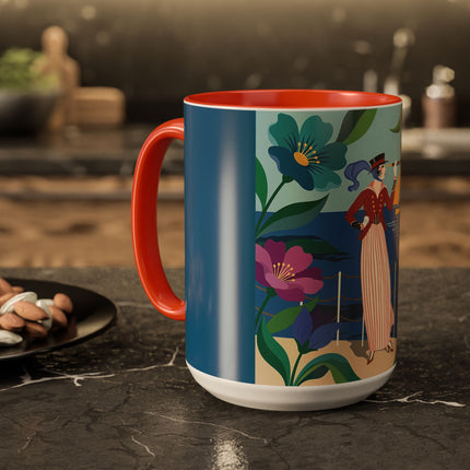 The Lady Of The Golden Horizon Colorful Mugs – Art Deco Coastal Elegance