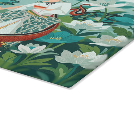 🐉🌿 The Lady And The Crimson Dragon Glass Cutting Board – Art Deco Garden Fantasy