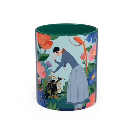 The Lady And The Mysterious Bird Colorful Mugs – Art Deco Botanical Mystery