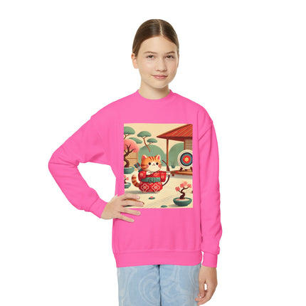 Archer Kitten in the Zen Garden Youth Crewneck Sweatshirt – Focus, Calm & Playful Precision