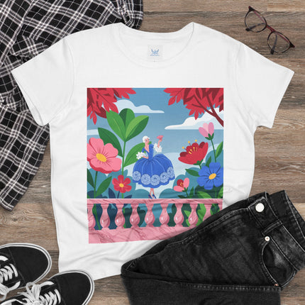 🌸💙 The Lady Of The Flower Terrace Cotton Tee – Colorful Art Deco Garden Elegance