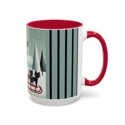 Red Sled & Curious Cats Colorful Mugs (11oz, 15oz)