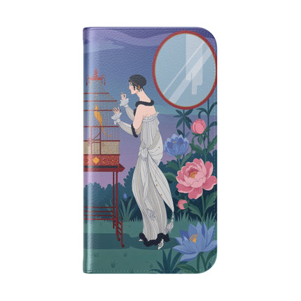 🐦🌸 The Lady And The Golden Bird Flip Case – Art Deco Floral Reverie