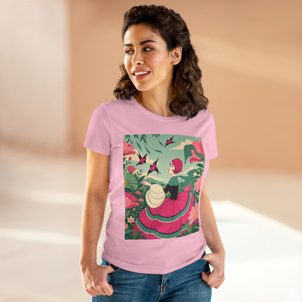 🐦🌺 The Garden Of Flying Birds Cotton Tee – Art Deco Floral Whimsy