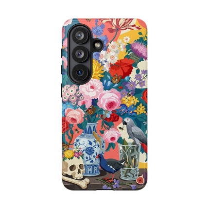 Floral Vanitas Phone Case – Parrot & Porcelain Splendor