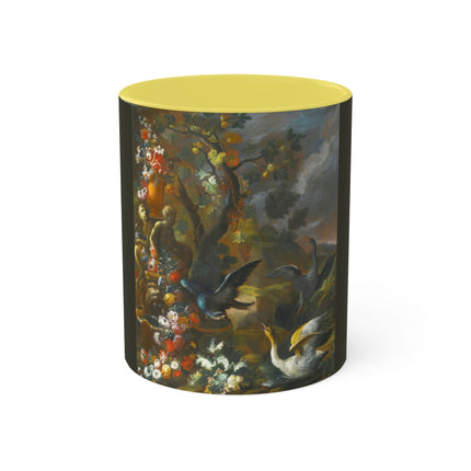 Still Life With Birds Beside An Ornate Fountain by Nicola Casissa Colorful Mugs, 11oz