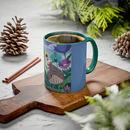 The Lady And The Enchanted Heron Colorful Mugs – Art Deco Botanical Elegance