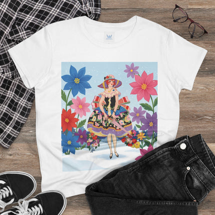 🌸❄️ The Winter Blossom Belle Cotton Tee – Art Deco Floral Fantasy