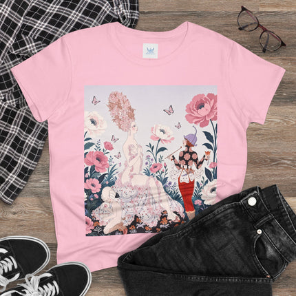 🌸🦋 The Enchanted Rose Garden Encounter Cotton Tee – Art Deco Floral Whimsy