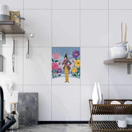 🐇🌹 The Lady With The White Rabbit Ceramic Tile – Art Deco Winter Garden