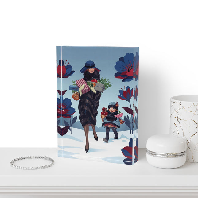 🎁🌺 The Christmas Gift Garden Stroll Acrylic Art Block – Art Deco Holiday Fantasy