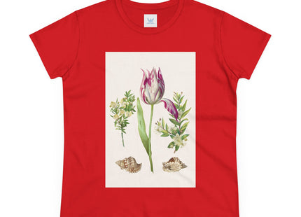 Tulip flower with Two Branches of Myrtle and Shells Cotton Tee