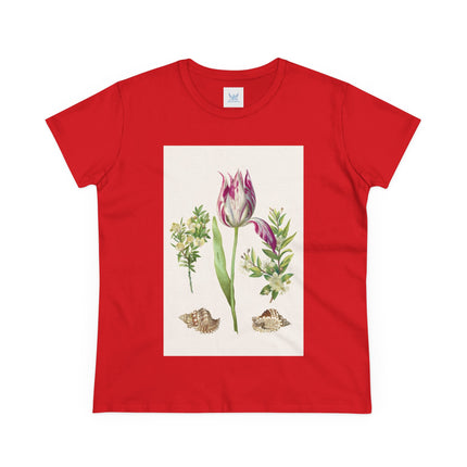 Tulip flower with Two Branches of Myrtle and Shells Cotton Tee