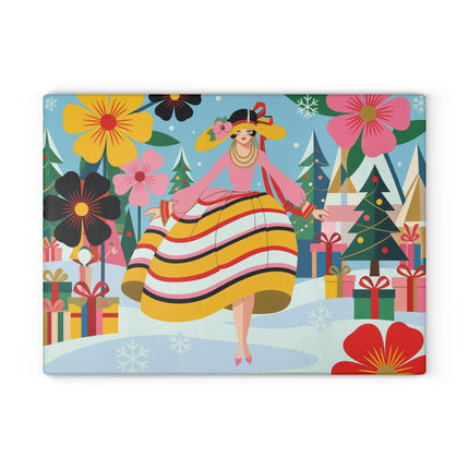 🌸🎁 The Lady Of The Christmas Flower Garden Glass Cutting Board – Art Deco Holiday Fantasy