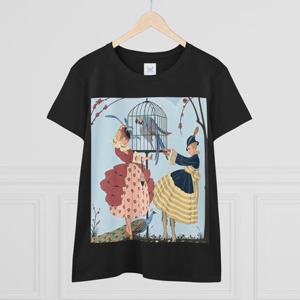 🦚🦜 The Ladies Of The Garden Aviary Cotton Tee – Art Deco Bird Fantasy