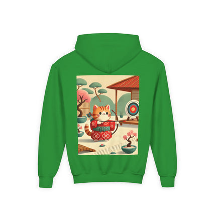 Archer Kitten in the Zen Garden Youth Hooded Sweatshirt – Calm Focus & Playful Strength