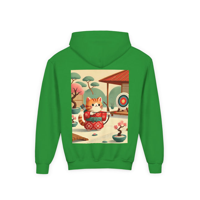 Archer Kitten in the Zen Garden Youth Hooded Sweatshirt – Calm Focus & Playful Strength