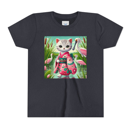 Geisha Kitten Strolls Among the Spoonbills Youth Short Sleeve Tee