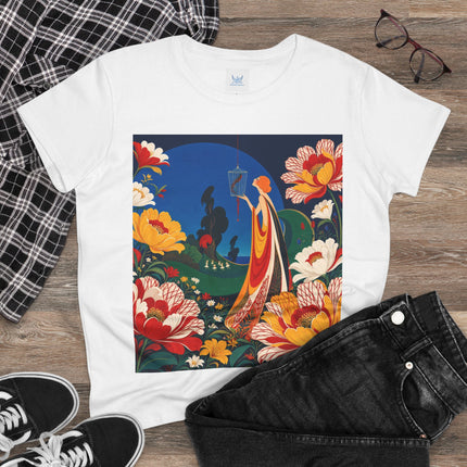 🌺🐦 The Enchanted Birdcage Garden Cotton Tee – Art Deco Floral Fantasy