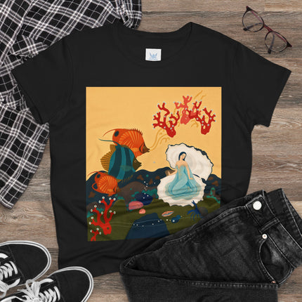 🐚🪸 The Lady Of The Coral Reef Cotton Tee – Art Deco Ocean Fantasy