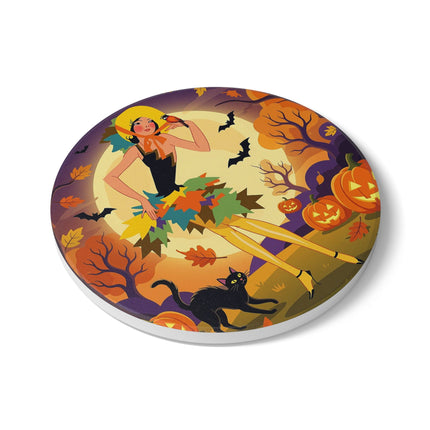 🌕🍂 Autumn Song Beneath The Harvest Moon Ceramic Coaster – Whimsical Halloween Charm
