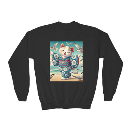 Geisha Kitten by the Seaside Youth Crewneck Sweatshirt – Coastal Charm, Joy & Whimsical Elegance